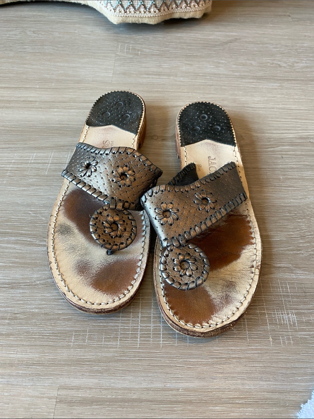 Jack Rogers Metallic Bronze Leather Slide Sandals with Floral Whipstitch